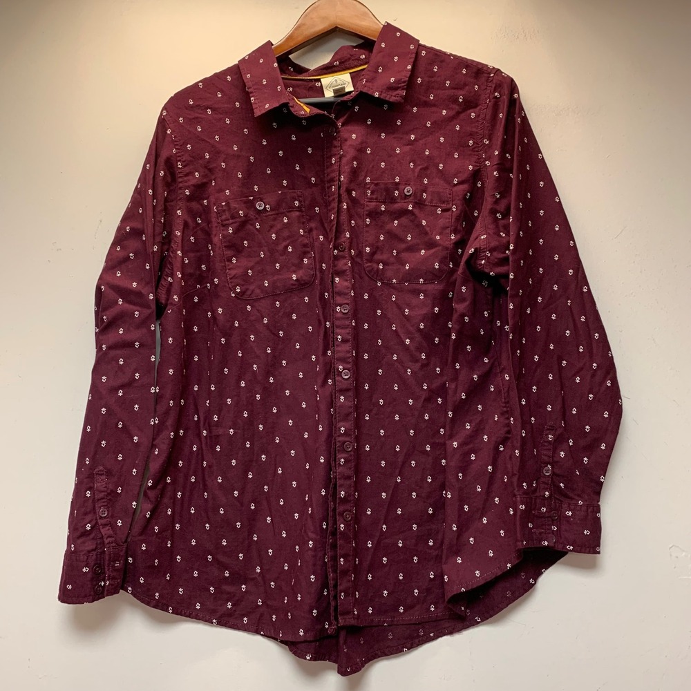 St. John's Bay Button Down Women 0X Burgundy Excellent Cotton Herringbone Print